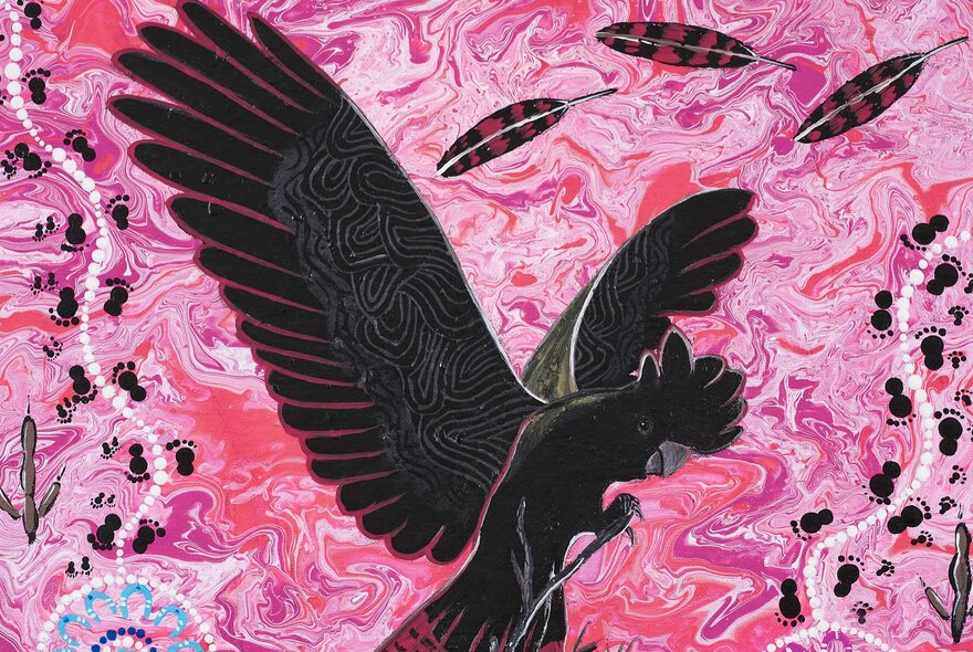 A contemporary Indigenous artwork featuring a black cockatoo against a vibrant pink and marbled background.