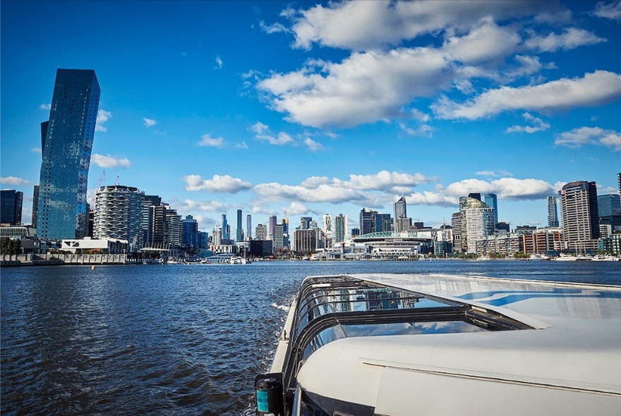 The Yarra River and city centre viewed from onboard a cruise boat.