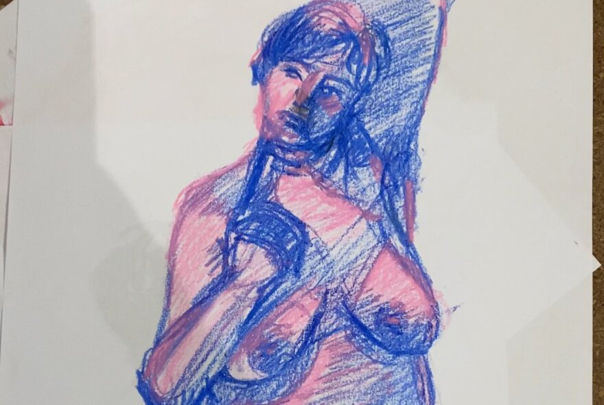 Drawing of a nude from a life drawing class in shades of blue and pink pencil.