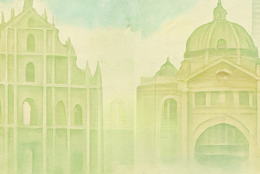 A muted hand-drawing of an ornate building in Macau with dome and archways, alongside a second building with open archways and turrets.