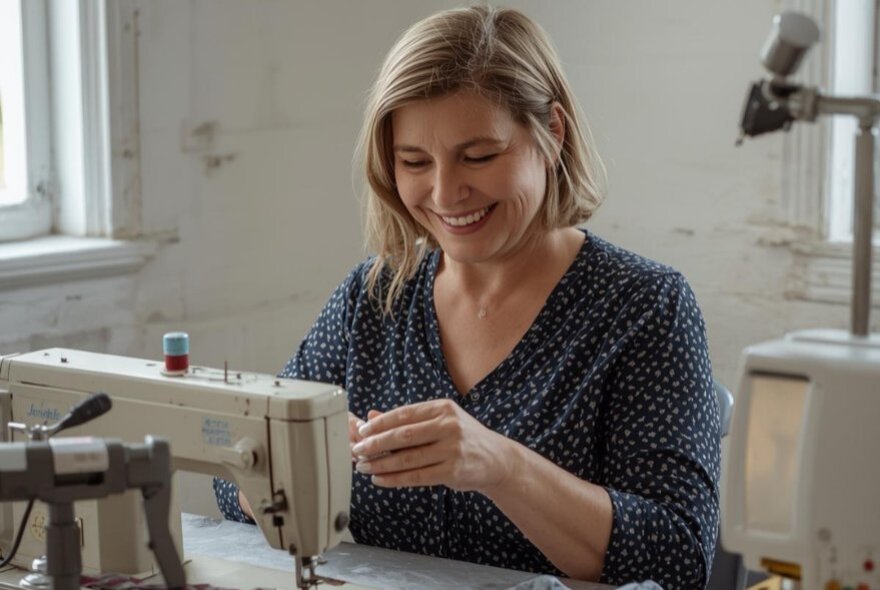 A smiling person seated at a sewing machine, repairing a garment.