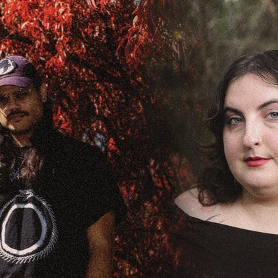 Composer Jaslyn Robertson, a woman wearing a black top, with dark hair; and sound artist Rama Parwata in sunglasses, a cap and t-shirt, he has long dark hair.