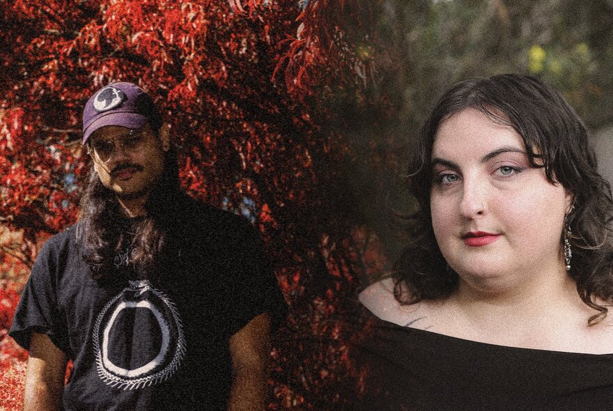 Composer Jaslyn Robertson, a woman wearing a black top, with dark hair; and sound artist Rama Parwata in sunglasses, a cap and t-shirt, he has long dark hair.