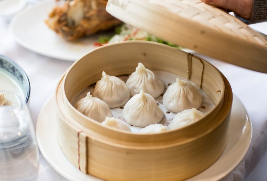 Dumplings in a bamboo basket.