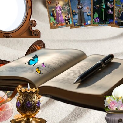 A book with a pen and butterflies, next to a cup of tea and candle.