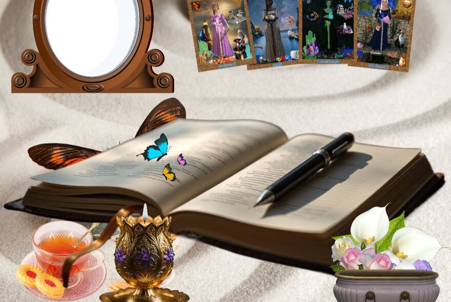 A book with a pen and butterflies, next to a cup of tea and candle.