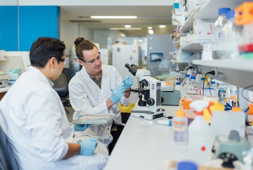 Two white-coated scientists seated in a laboratory with equipment and ingredients.