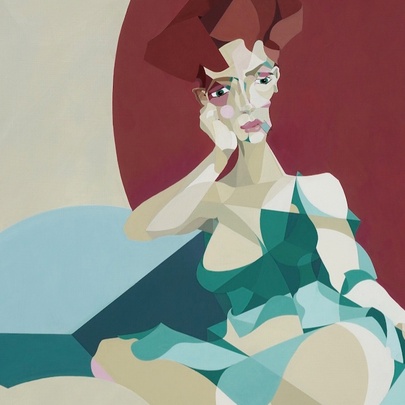 A geometric-shaped portrait of a seated woman with red hair wearing a green dress.
