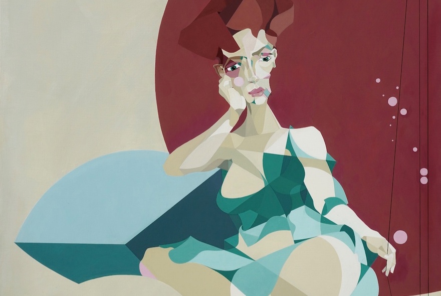 A geometric-shaped portrait of a seated woman with red hair wearing a green dress.