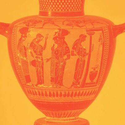 An ancient Greek red-figure two-handled ceramic vessel, featuring classical figural artwork, against a yellow background.