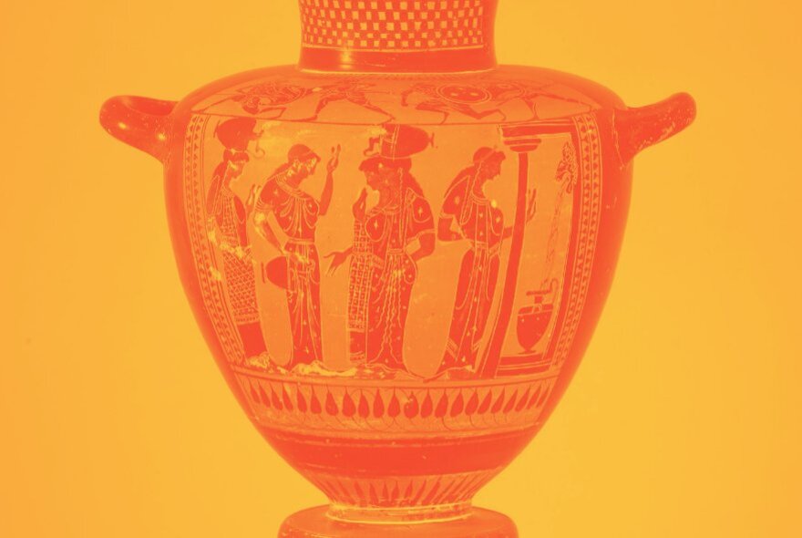 An ancient Greek red-figure two-handled ceramic vessel, featuring classical figural artwork, against a yellow background.
