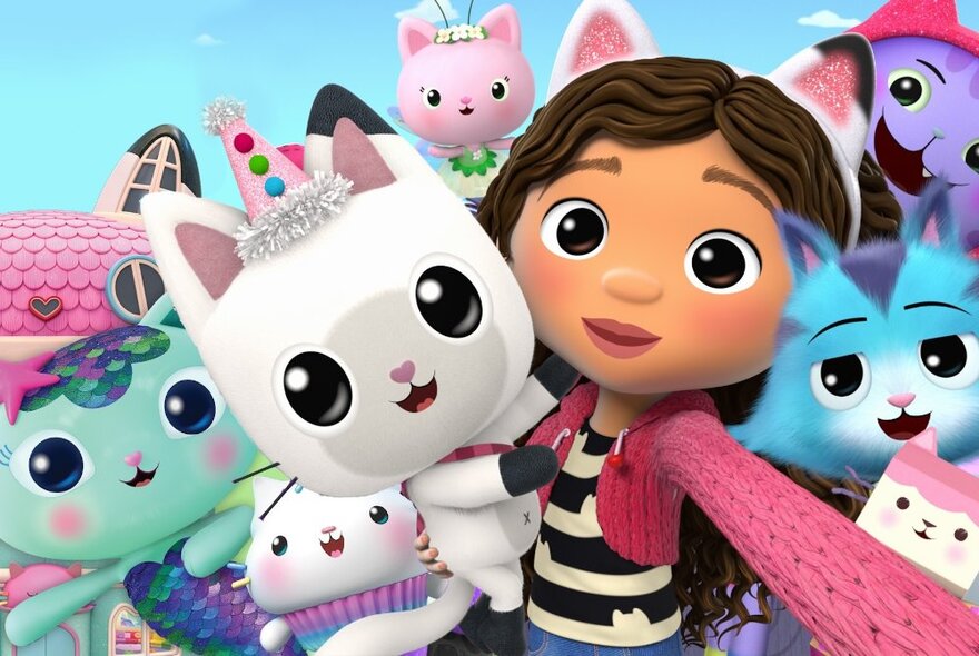 A cartoon girl taking a selfie surrounded by coloured cats of all shapes and sizes. 