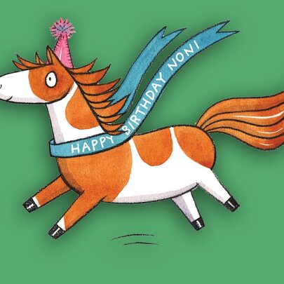 A brown and white cartoon pony with a birthday hat and a ribbon that says, Happy Birthday Noni, on it; green background.