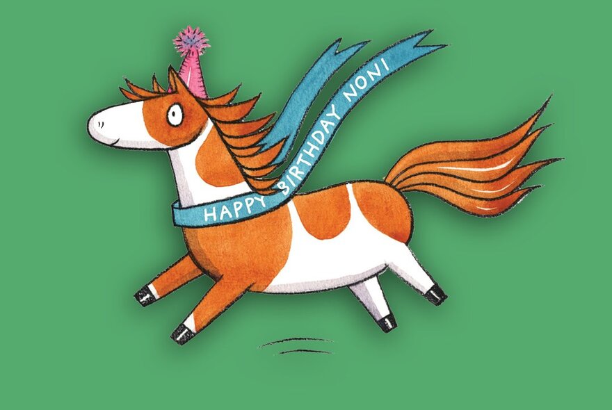 A brown and white cartoon pony with a birthday hat and a ribbon that says, Happy Birthday Noni, on it; green background.