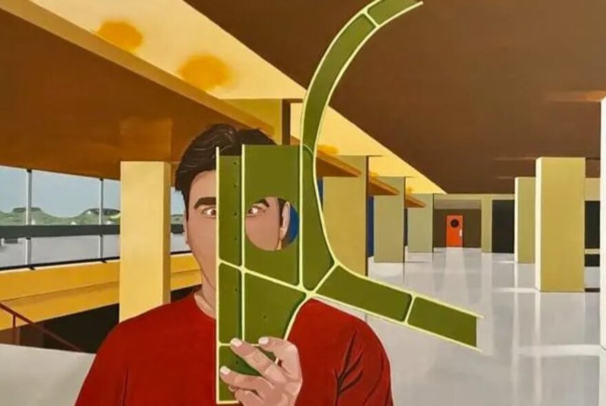 A hyper-realist artwork of a man looking through a hole in an irregular geometric shape while inside an empty office building.