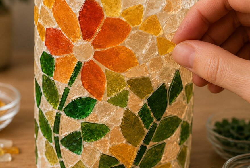 A hand applying pieces of coloured mosaic glass to a cylindrical glass table lamp featuring a colourful orange and yellow daisy pattern, as part of a craft workshop.