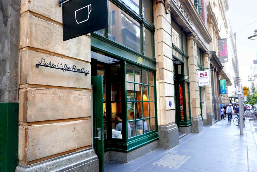 Shopfront of Dukes Coffee Roasters in Flinders Lane.