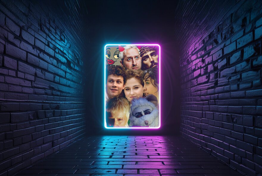 Image with many faces at the end of a fluro-lit tunnel.