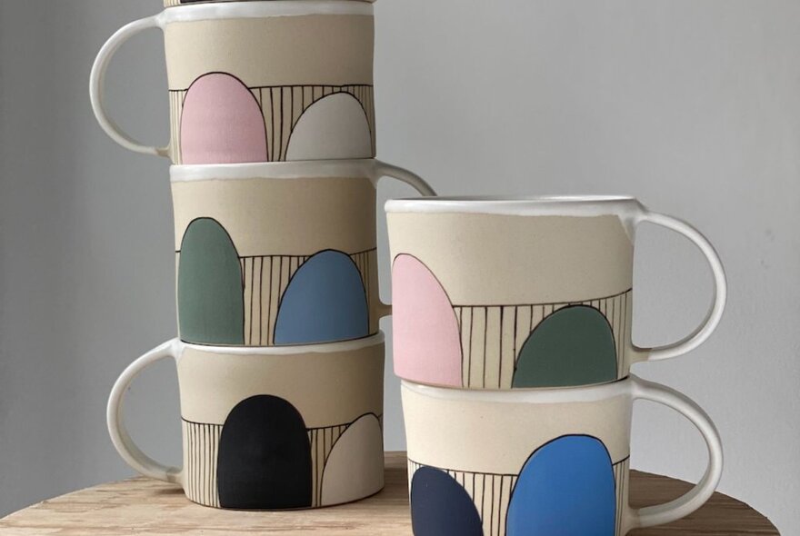 Two stacks of hand-made ceramic mugs.