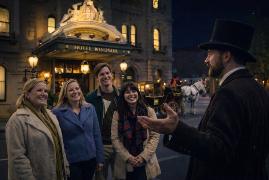 A group of people listening to a tour guide outside a Melbourne theatre at night.