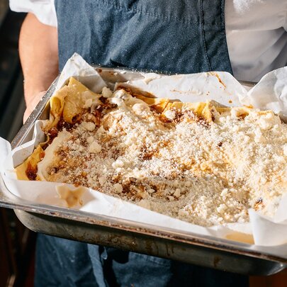 A lasagne in a tray.