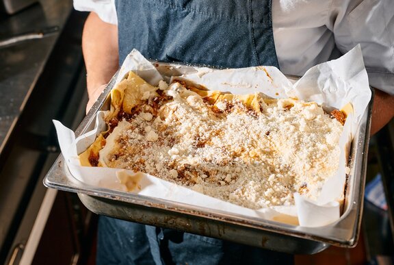 A lasagne in a tray.
