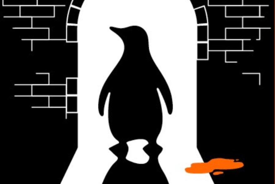 A classic Penguin books logo silhouette in a doorway with a pool of orange blood to the right. 