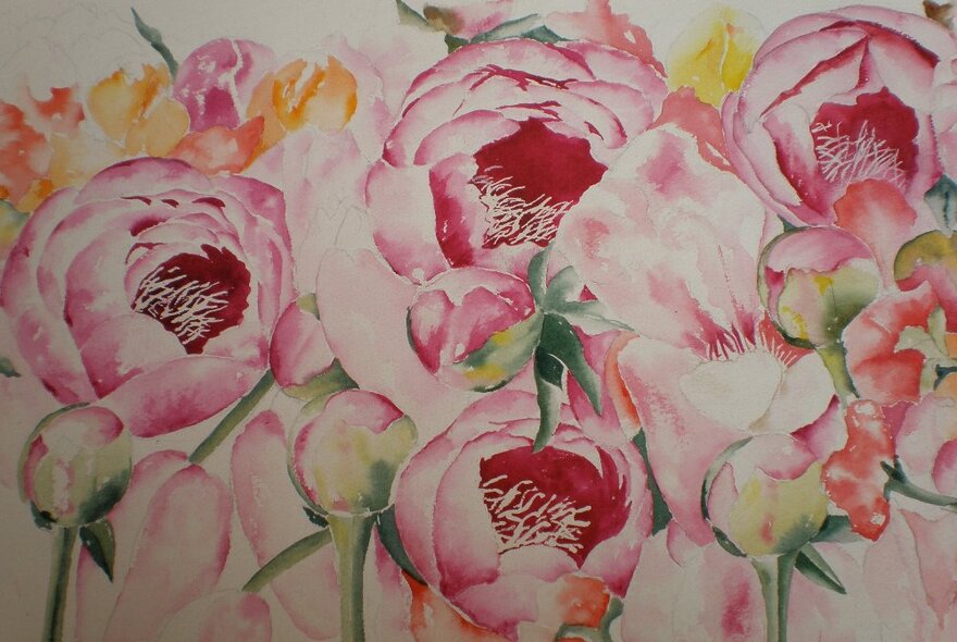 A watercolour painting of pink flowers.