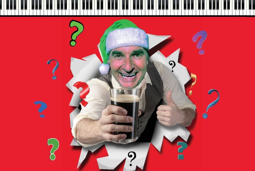 Man reaching through a gap in a red background holding a pint of beer, piano keys overhead.