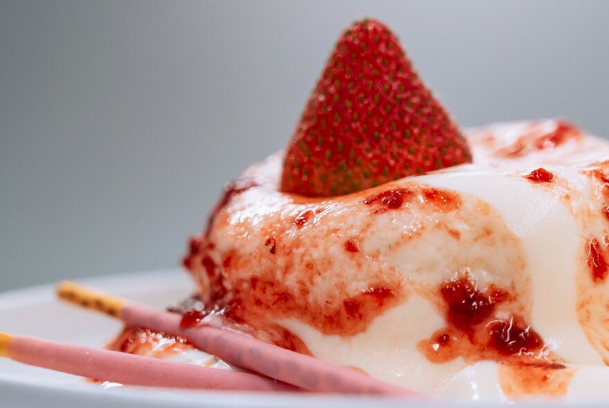 An oozy looking plated dessert with a meringue, berry sauce and a strawberry on top. 