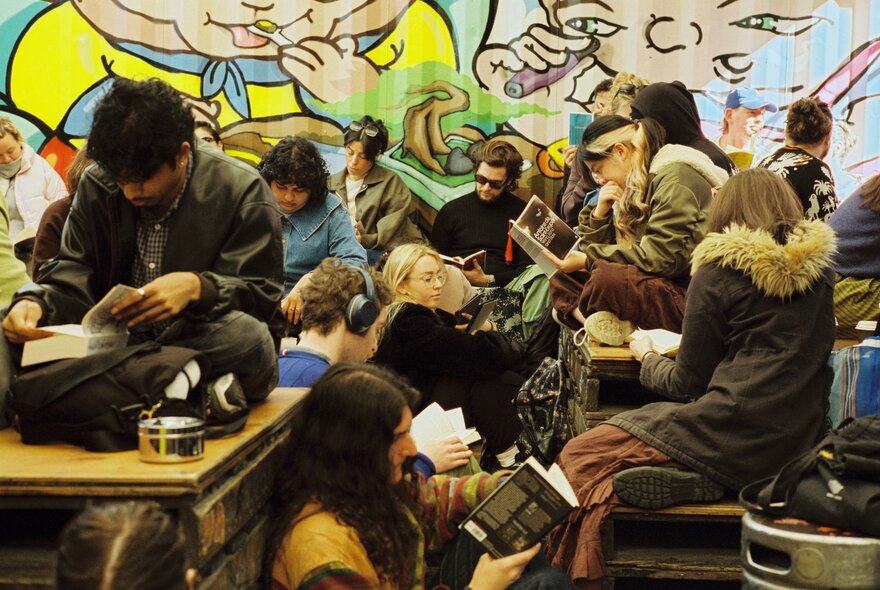 People gathered together reading books in an outdoor bar space. 