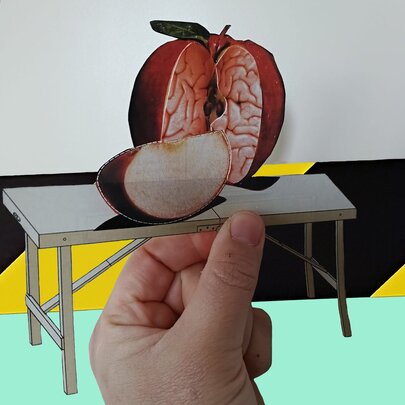 A collage image of a hand holding a science lab table with a cut apple sitting on top that looks like a human brain.