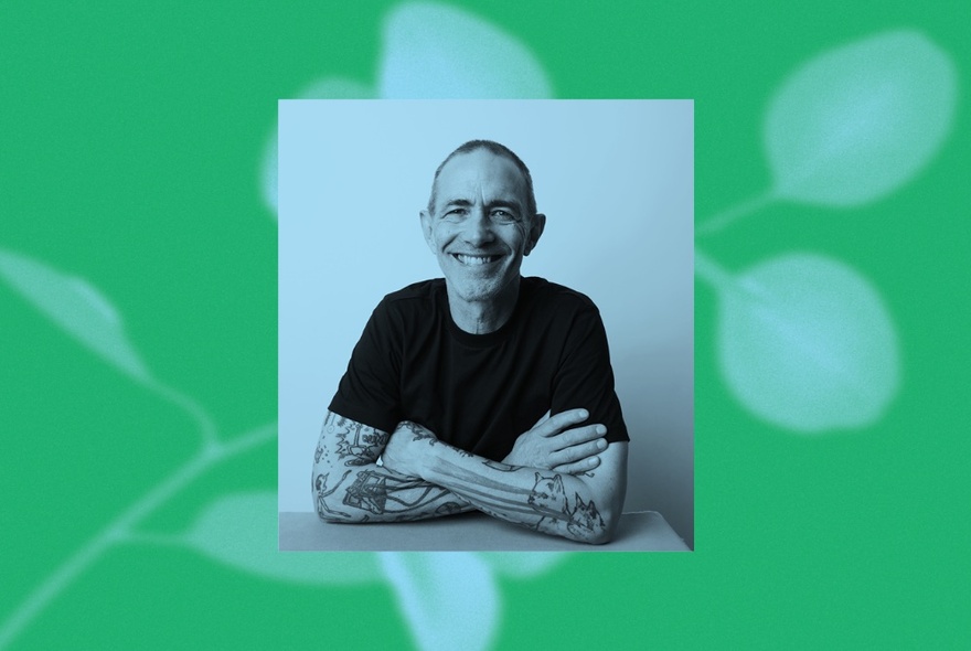 A small image of author Andy Griffiths overlaid on large illustration of a white branch on a green background. 