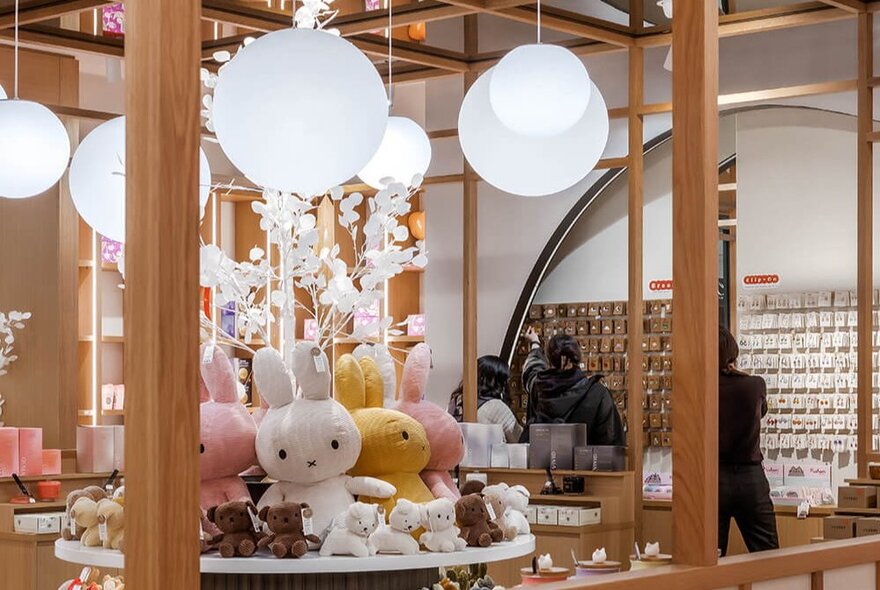 Interior of Meeq store with large coloured Miffy dolls. 