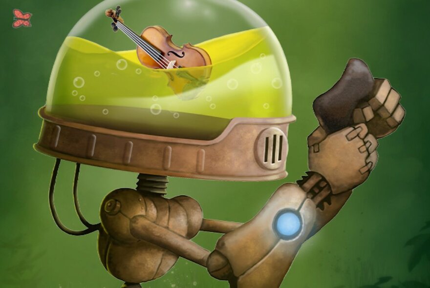 Robot with glass head containing water and a violin.