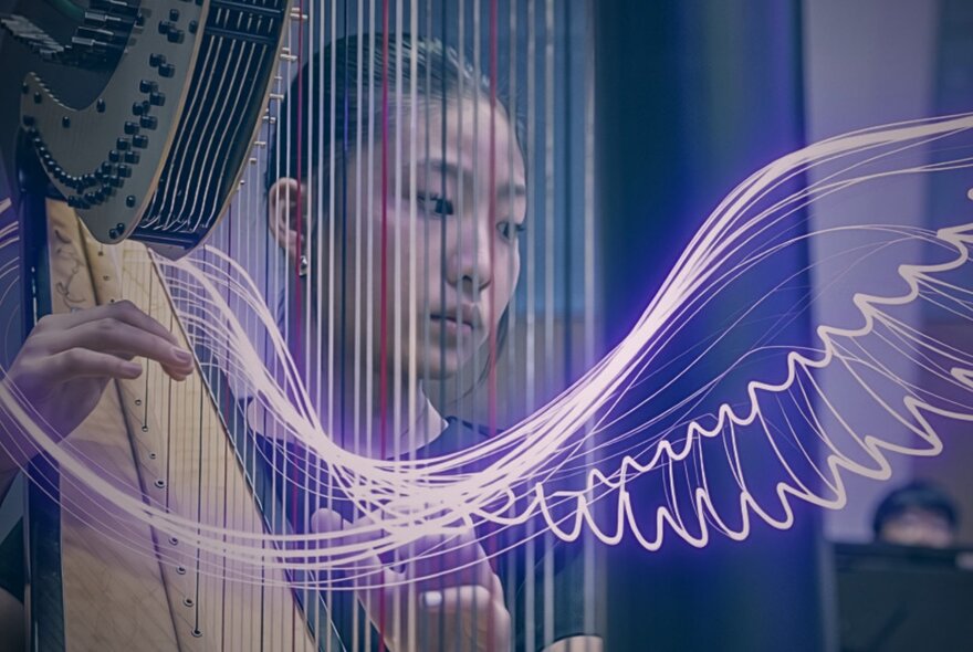 A young woman playing the harp with an overlay of neon purple wings and curved string running through the image. 