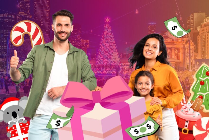 A smiling family surrounded by digital images of Christmas presents and other Christmas characters, in front of a digital render of the Melbourne city skyline at night, a large Christmas tree in the centre.