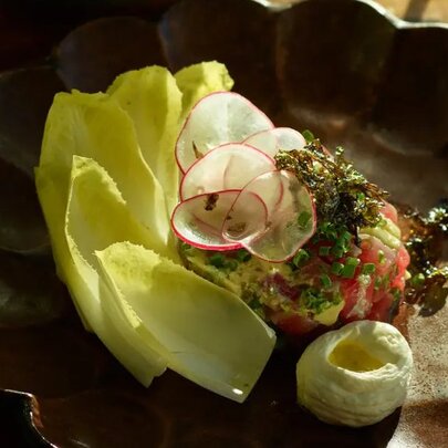 A dish of tuna tartare with fennel leaves and radish slices on a scallop-edged brown plate.