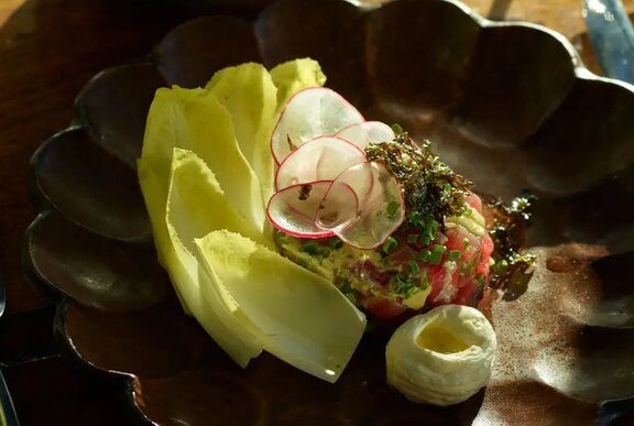 A dish of tuna tartare with fennel leaves and radish slices on a scallop-edged brown plate.
