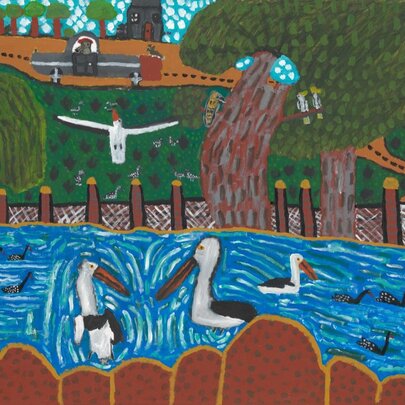 Bright artwork by Trevor Brown features bold, energetic portrayal of pelicans, water and trees.