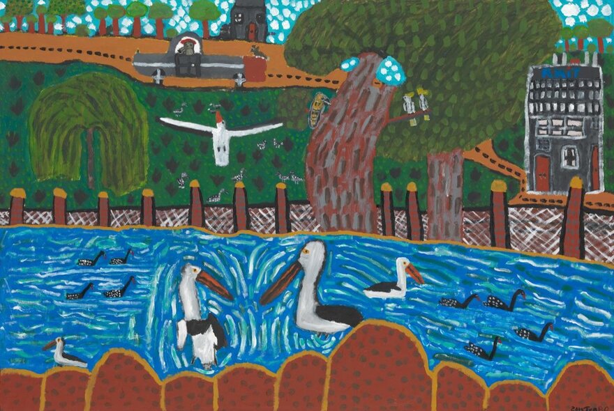Bright artwork by Trevor Brown features bold, energetic portrayal of pelicans, water and trees.