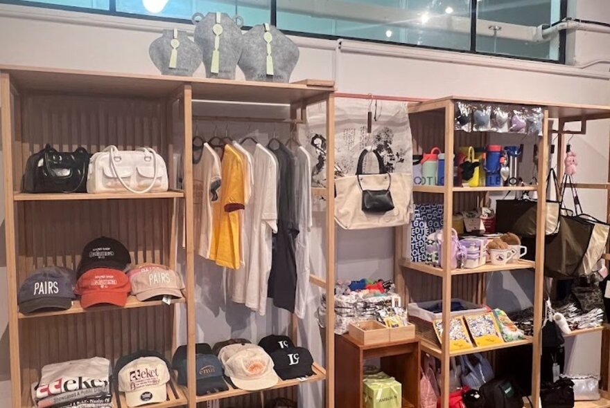 Shelves of clothing, gifts and items in a small retail store including bags, caps and T-shirts.