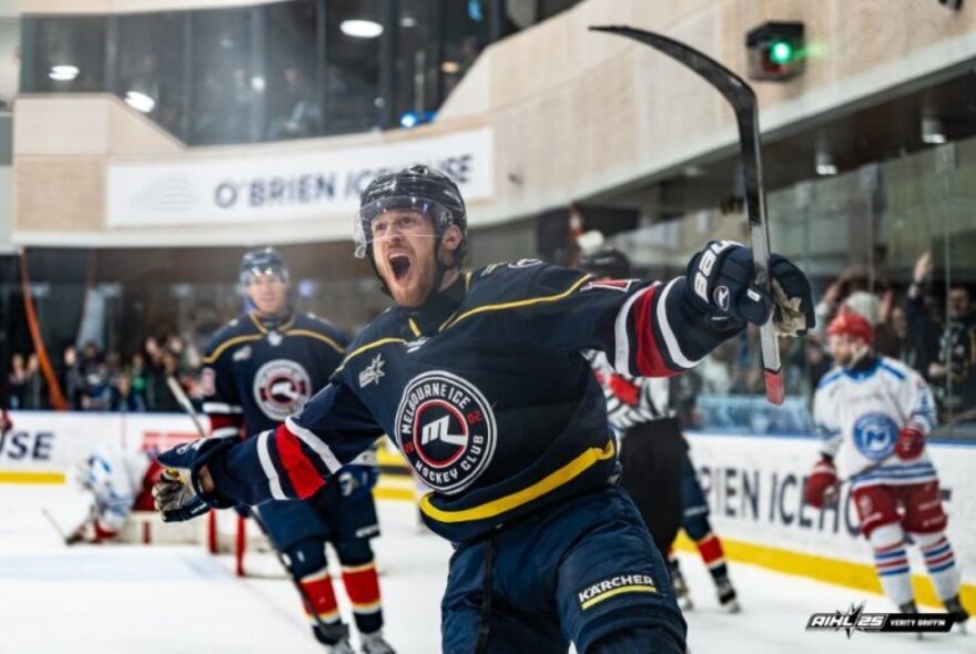 Ice hockey players on the ice during a game at O'Brien Icehouse.