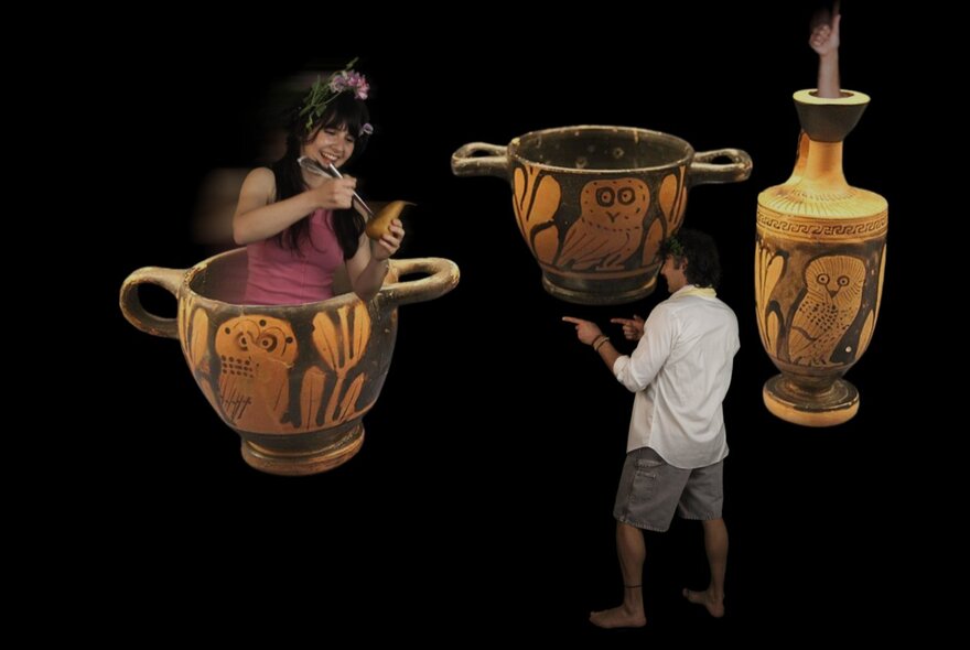 Two performers posing around and inside ancient Greek vases, against a black background.