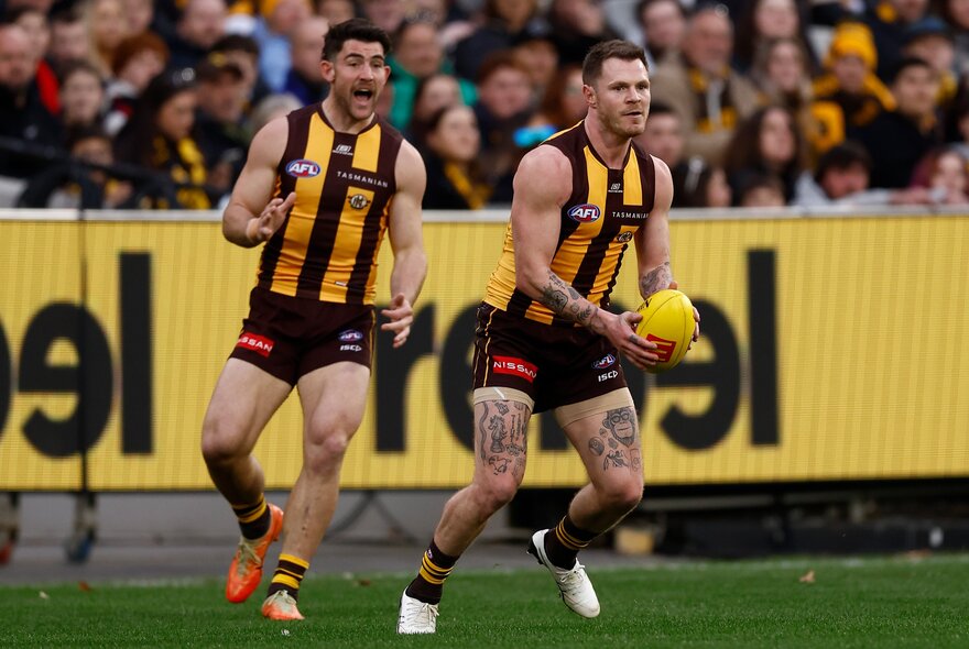 Hawthorn AFL football players on the field during a match.