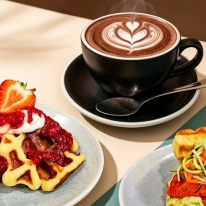 A table with a hot chocolate, a sweet waffle and a savoury waffle placed on plates on top.