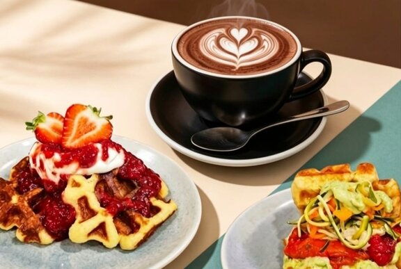 A table with a hot chocolate, a sweet waffle and a savoury waffle placed on plates on top.