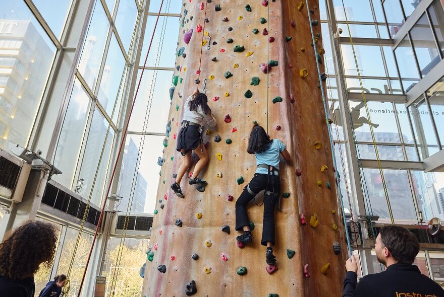 Two friends are rock climbing