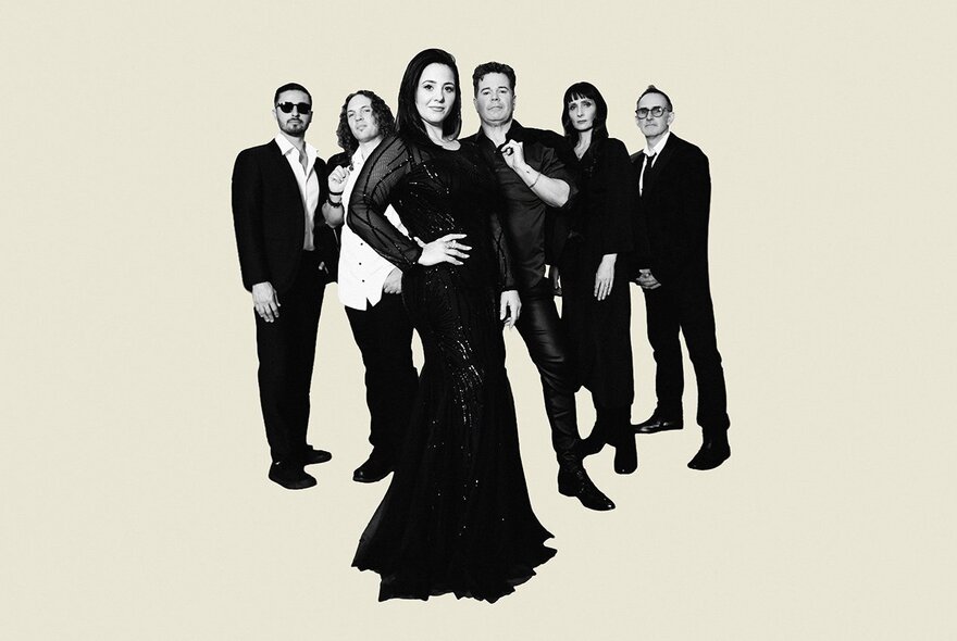 Members of group Seventh Wonder in a black and white images imposed on a beige background. 