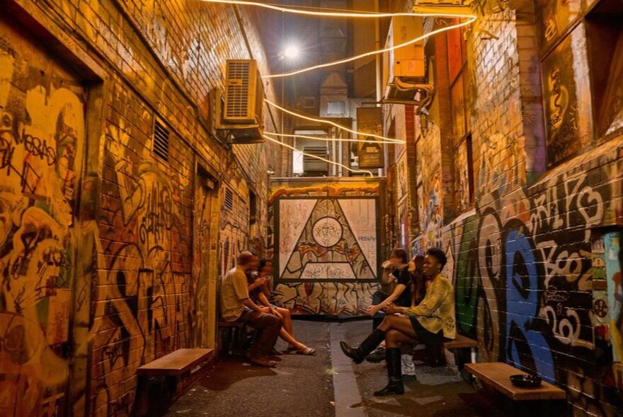 A group of friends are gathered outside a bar in a graffiti-covered laneway